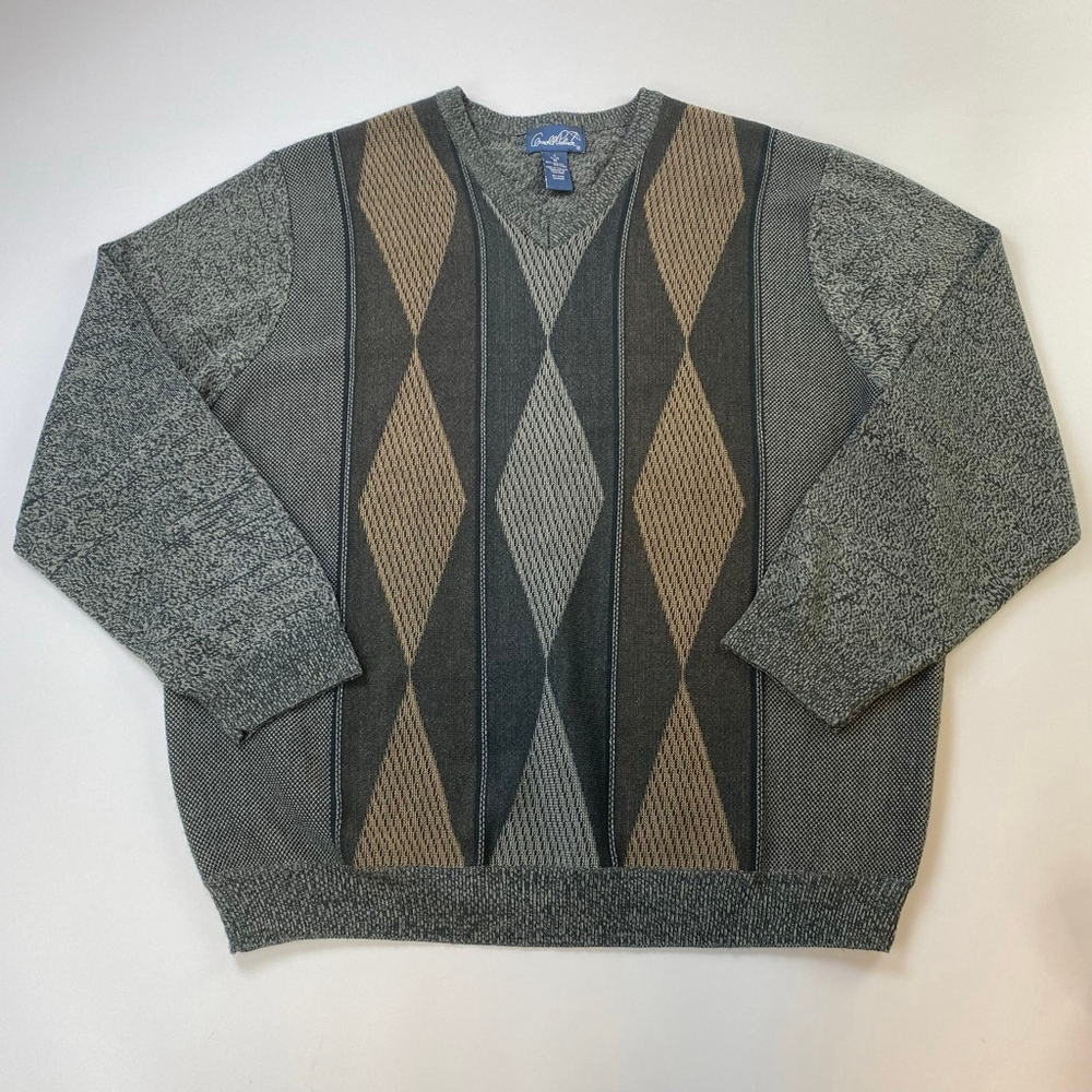 Arnold Palmer Sweater Mens XL Vintage VNeck Gray Brown Argyle Grandpacore Preppy